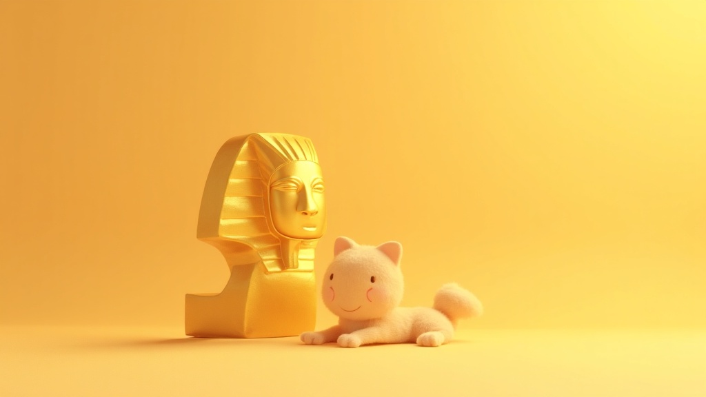 Cartoon illustration of an Egyptian Pharaoh's golden mask, a friendly cat, and a hieroglyph for a kids' history podcast about Ancient Egypt.
