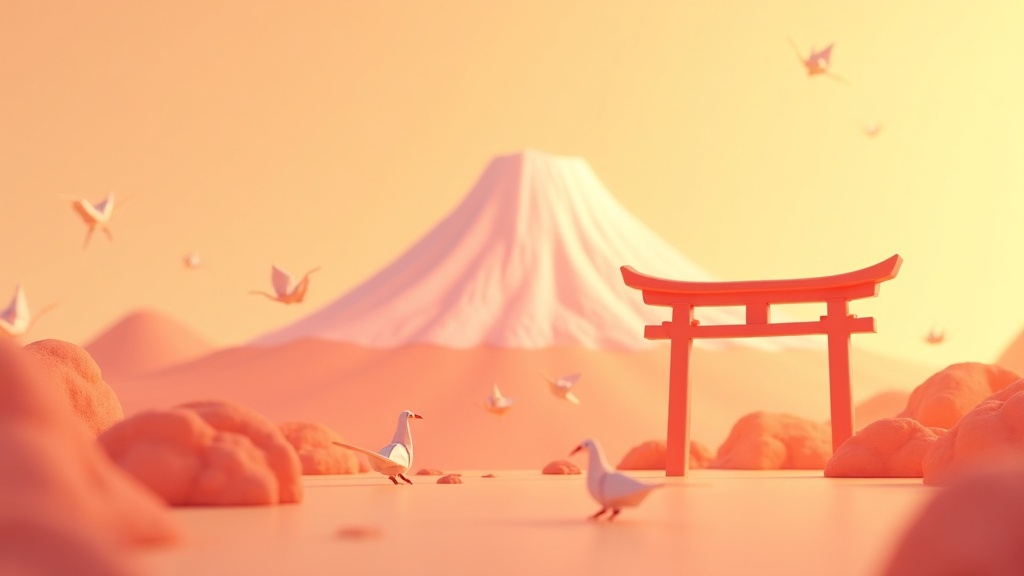 Cartoon illustration of Mount Fuji and Torii gates for a Japan history podcast for kids.