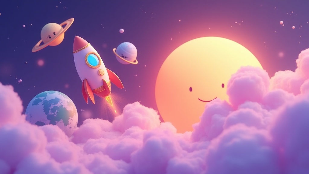 Cartoon rocket ship flying past planets for a kids space podcast article.