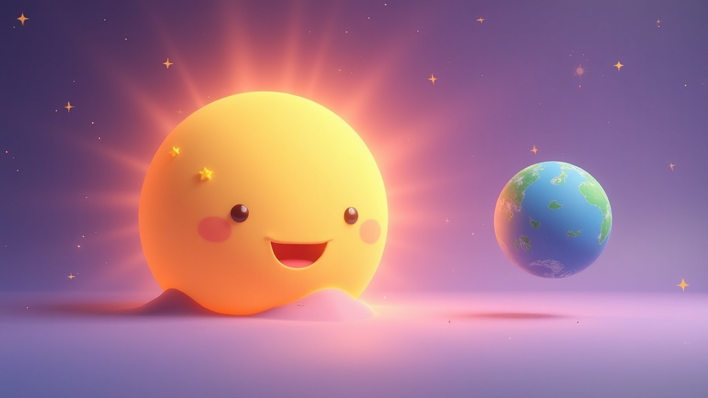 Cartoon illustration of the Sun beaming down on the Earth, representing sun facts for kids.