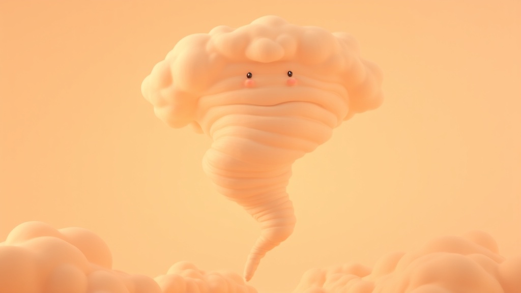 Cartoon tornado spinning with curiosity, educational illustration.