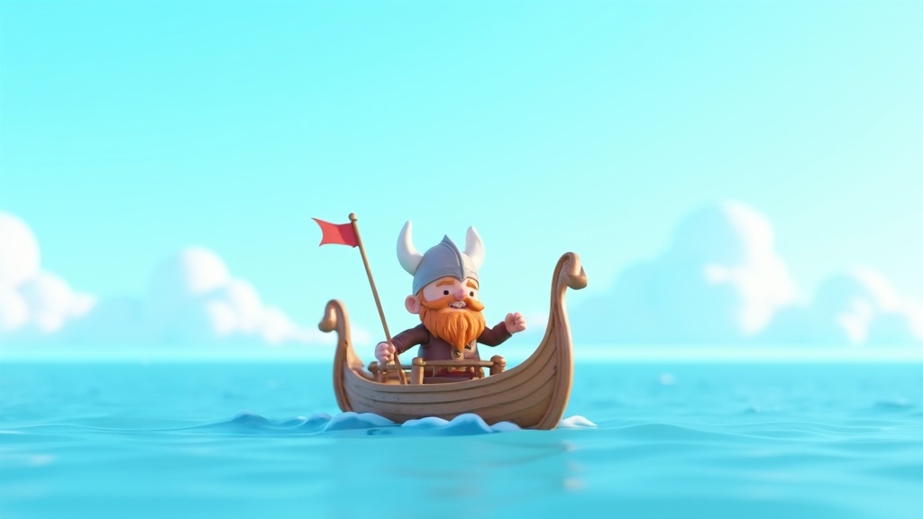 Cartoon Viking longship sailing on a blue ocean, perfect for a kids podcast about Vikings.