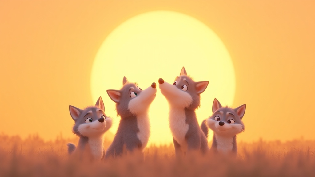 Three friendly cartoon grey wolves howling in a pack for a kids' history podcast article.